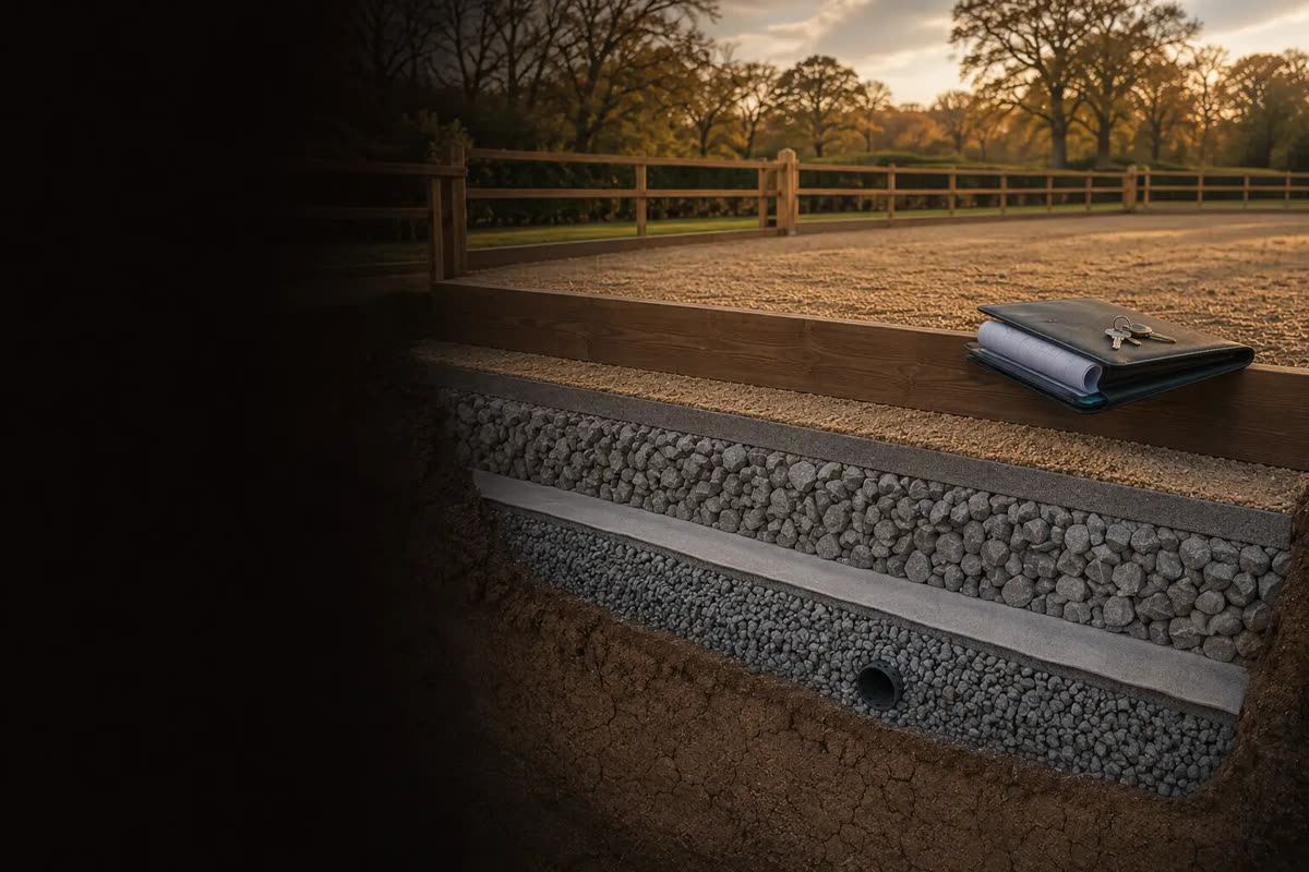 A cutaway through a finished arena at dusk: riding surface, membrane, stone sub-base and a drainage pipe all open to view, with a record folder and keys resting on the timber edge above.